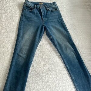Mother TomCat Jean, frayed edge, medium wash denim. 27” waist. 27.5” inseam.